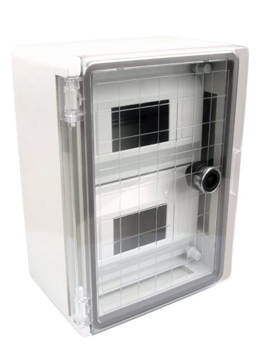 Tracon TME282113MT Falra szerelhető maszkolt műanyag szekrény, 12 modul, 2 sor, átlátszó ajtóval, 280x210x130, IP65, 1000V AC/DC