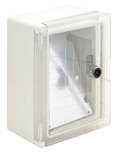 Tracon TME282113T Falra szerelhető műanyag szekrény, átlátszó ajtóval, 280x210x130, IP65, 1000V AC/DC, szerelőlappal