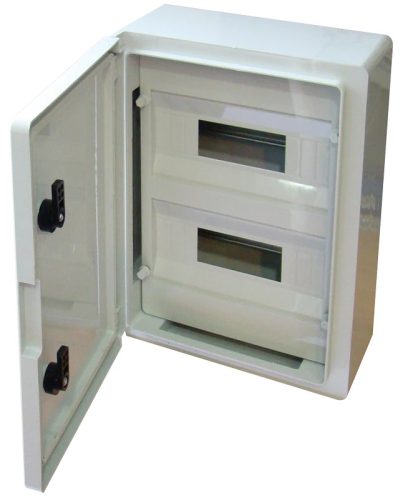Tracon TME403017M Falra szerelhető maszkolt műanyag szekrény, 24 modul, 2 sor, teli ajtóval, 400x300x165, IP65, 1000V AC/DC
