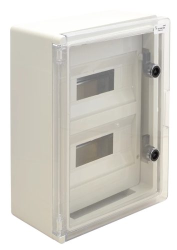 Tracon TME403017MT Falra szerelhető maszkolt műanyag szekrény, 24 modul, 2 sor, átlátszó ajtóval, 400x300x165, IP65, 1000V AC/DC