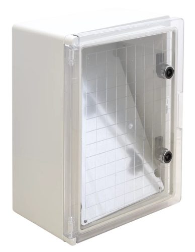 Tracon TME403020T Falra szerelhető műanyag szekrény, átlátszó ajtóval, 400x300x195, IP65, 1000V AC/DC, szerelőlappal