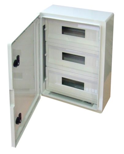 Tracon TME504018M Falra szerelhető maszkolt műanyag szekrény, 51 modul, 3 sor, teli ajtóval, 500x400x175, IP65, 1000V AC/DC