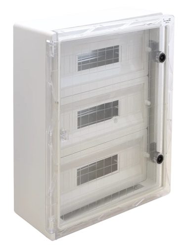 Tracon TME504018MT Falra szerelhető maszkolt műanyag szekrény, 51 modul, 3 sor, átlátszó ajtóval, 500x400x175, IP65, 1000V AC/DC