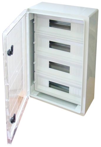 Tracon TME604020MT Falra szerelhető maszkolt műanyag szekrény, 68 modul, 4 sor, átlátszó ajtóval, 600x400x200, IP65, 1000V AC/DC