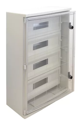 Tracon TME705025MT Falra szerelhető maszkolt műanyag szekrény, 88 modul, 4 sor, átlátszó ajtóval, 700x500x245, IP65, 1000V AC/DC