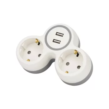   Tracon TND2-USB, Többférőhelyes átalakító csatlakozó, 2X USB, szürke + fehér 2×SCHUKO, max.16A, 230VAC, 3680W, PP, USB: 5V, 2,1 A