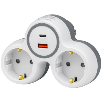   Tracon TND2-USBAC Többférőhelyes átalakító csatlakozó, USBC+USBA, szürke+fehér 2×SCHUKO, max.16A, 230VAC, 3680W, PP, USB-A+C:5V, 3,4A 17.0W