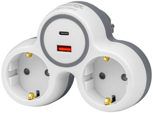 Tracon TND2-USBAC Többférőhelyes átalakító csatlakozó, USBC+USBA, szürke+fehér 2×SCHUKO, max.16A, 230VAC, 3680W, PP, USB-A+C:5V, 3,4A 17.0W