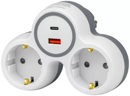 Tracon TND2-USBAC Többférőhelyes átalakító csatlakozó, USBC+USBA, szürke+fehér 2×SCHUKO, max.16A, 230VAC, 3680W, PP, USB-A+C:5V, 3,4A 17.0W