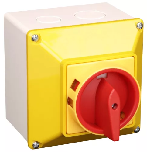 Tracon TSS-63/4TS Tokozott biztonsági lakatolható szakaszoló kapcsoló, sárga 400V, 50Hz, 63A, 4P, 18,5kW, 64×64mm, IP44