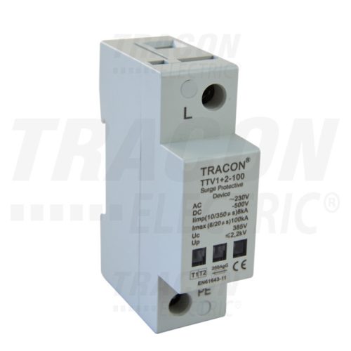 Tracon TTV1+2-100-1P, AC/DC túlfeszültség levezető, 1+2-es típus, egybeépített 230 V, 50 Hz, 8 kA (10/350 us) 50/100 kA (8/20 us), 1P