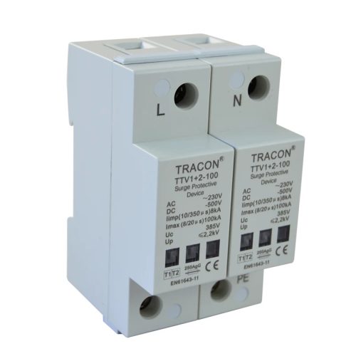 Tracon TTV1+2-100-2P, AC/DC túlfeszültség levezető, 1+2-es típus, egybeépített 230/400 V, 50 Hz, 8 kA (10/350 us) 50/100 kA (8/20 us),2P