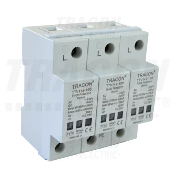   Tracon TTV1+2-100-3P, AC/DC túlfeszültség levezető, 1+2-es típus, egybeépített 230/400 V, 50 Hz, 8 kA (10/350 us) 50/100 kA (8/20 us),3P