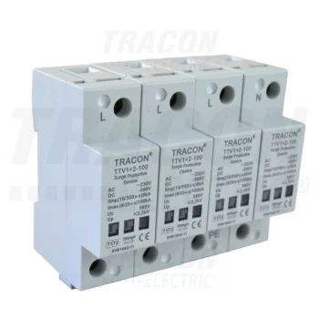   Tracon TTV1+2-100-4P, AC/DC túlfeszültség levezető, 1+2-es típus, egybeépített 230/400 V, 50 Hz, 8 kA (10/350 us) 50/100 kA (8/20 us),4P