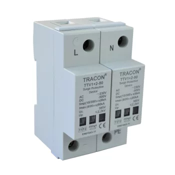  Tracon TTV1+2-80-2P, AC/DC túlfeszültség levezető, 1+2-es típus, egybeépített 230/400 V, 50 Hz, 8 kA (10/350 us) 40/80 kA (8/20 us), 2P