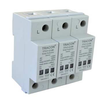   Tracon TTV1+2-80-3P, AC/DC túlfeszültség levezető, 1+2-es típus, egybeépített 230/400 V, 50 Hz, 8 kA (10/350 us) 40/80 kA (8/20 us), 3P