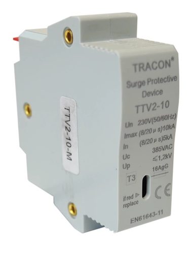 Tracon TTV2-10-M, AC túlfeszültség levezető betét; 2-es típus 230 V, 50 Hz, 5/10 kA (8/20 us), 1P