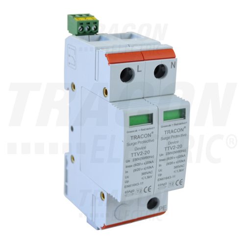Tracon TTV2-20-2P, AC túlfeszültség levezető, 2-es típus, cserélhető betéttel 230/400 V, 50 Hz, 10/20 kA (8/20 us), 2P