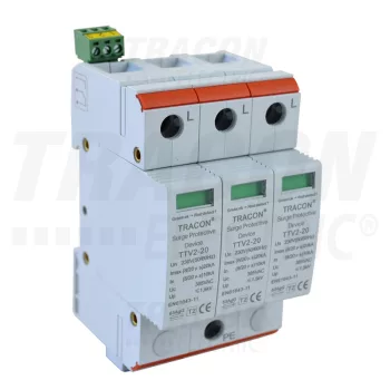   Tracon TTV2-20-3P, AC túlfeszültség levezető, 2-es típus, cserélhető betéttel 230/400 V, 50 Hz, 10/20 kA (8/20 us), 3P
