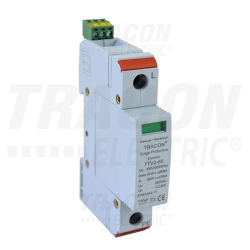 Tracon TTV2-20-4P, AC túlfeszültség levezető, 2-es típus, cserélhető betéttel 230/400 V, 50 Hz, 10/20 kA (8/20 us), 3P+N/PE