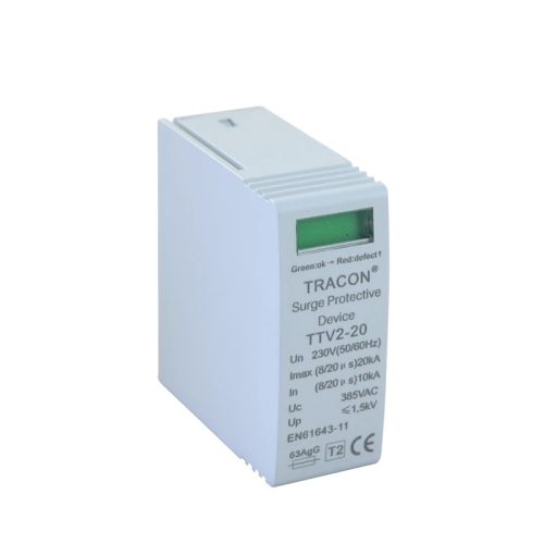 Tracon TTV2-20-M, AC túlfeszültség levezető betét; 2-es típus 230 V, 50 Hz, 10/20 kA (8/20 us), 1P