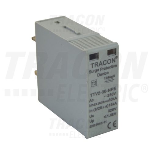 Tracon TTV2-30-B-M, AC túlfeszültség levezető betét; 2-es típus, "B" modul 230 V, 50 Hz, 15/30 kA (8/20 us), 1P+N/PE (TTV2-30)