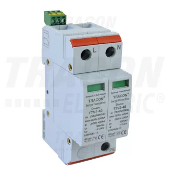   Tracon TTV2-40-2P, AC túlfeszültség levezető, 2-es típus, cserélhető betéttel 230/400 V, 50 Hz, 20/40 kA (8/20 us), 2P