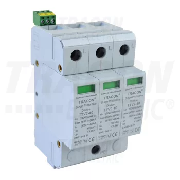   Tracon TTV2-40-3P, AC túlfeszültség levezető, 2-es típus, cserélhető betéttel 230/400 V, 50 Hz, 20/40 kA (8/20 us), 3P