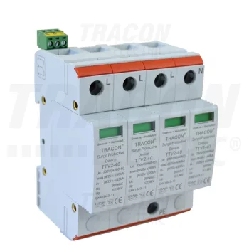   Tracon TTV2-40-4P, AC túlfeszültség levezető, 2-es típus, cserélhető betéttel 230/400 V, 50 Hz, 20/40 kA (8/20 us), 4P