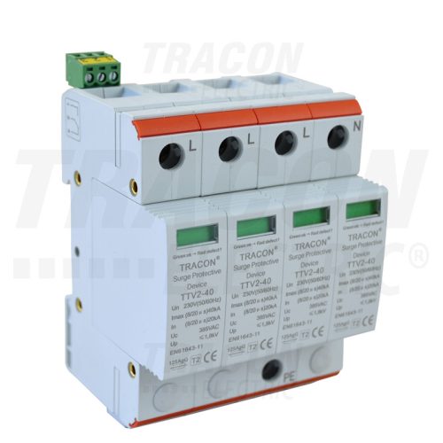 Tracon TTV2-40-4P, AC túlfeszültség levezető, 2-es típus, cserélhető betéttel 230/400 V, 50 Hz, 20/40 kA (8/20 us), 4P