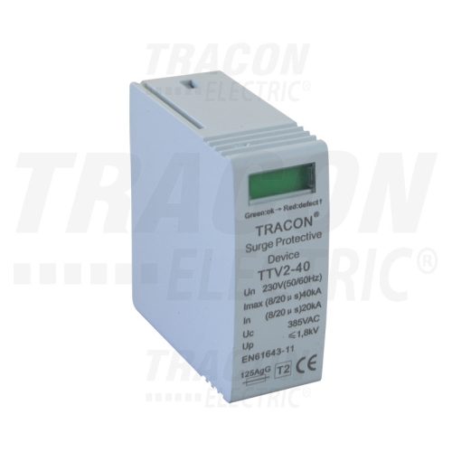 Tracon TTV2-40-M, AC túlfeszültség levezető betét; 2-es típus 230 V, 50 Hz, 20/40 kA (8/20 us), 1P