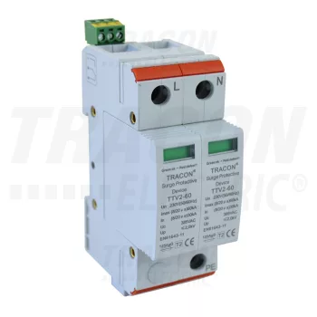   Tracon TTV2-60-2P, AC túlfeszültség levezető, 2-es típus, cserélhető betéttel 230/400 V, 50 Hz, 30/60 kA (8/20 us), 2P