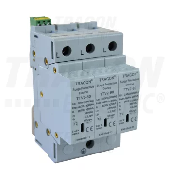   Tracon TTV2-60-3P, AC túlfeszültség levezető, 2-es típus, cserélhető betéttel 230/400 V, 50 Hz, 30/60 kA (8/20 us), 3P
