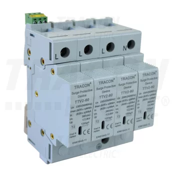   Tracon TTV2-60-4P, AC túlfeszültség levezető, 2-es típus, cserélhető betéttel 230/400 V, 50 Hz, 30/60 kA (8/20 us), 4P