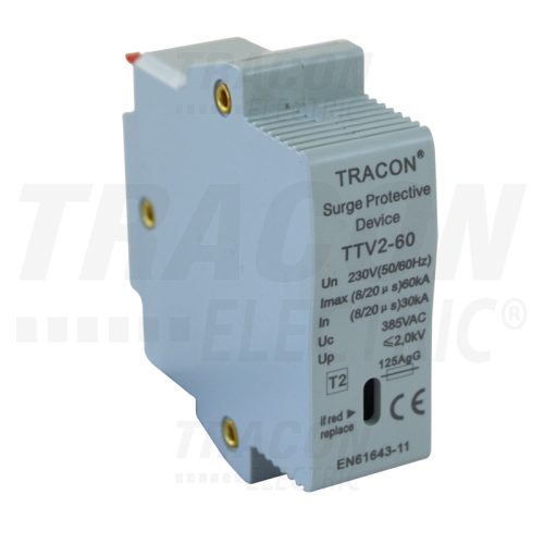 Tracon TTV2-60-M, AC túlfeszültség levezető betét; 2-es típus 230 V, 50 Hz, 30/60 kA (8/20 us), 1P