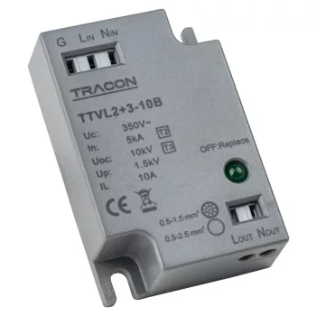   Tracon TTVL2+3-10B Túlfeszültség levezető LED lámpához Un=230-275VAC, 5/10kA, Up=1,5kV, IP20