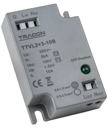 Tracon TTVL2+3-10B Túlfeszültség levezető LED lámpához Un=230-275VAC, 5/10kA, Up=1,5kV, IP20