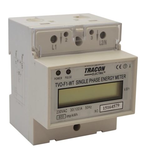 Tracon TVO-F1-WT, LCD kijelzésű 1 fázisú átfűzős fogyasztásmérő, közvetlen 230V / 30 (100)A Pd=1W