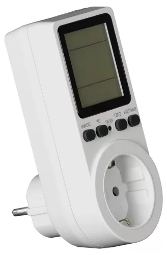 Tracon TVOD02 LCD kijelzőjű dugaszolható fogyasztásmérő 230 V, 50 Hz, 16 A, 3680 W, V,A,W,kWh,Hz,cosfi,cost