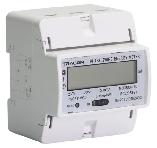 Tracon TVOF14MOD LCD kijelzésű fogyasztásmérő,közvetlen, MODBUS, 1F, 4 modul 230VAC / 10(100)A