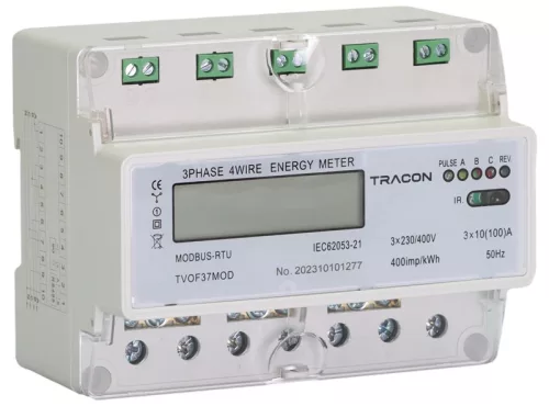 Tracon TVOF37MOD LCD kijelzésű fogyasztásmérő,közvetlen, MODBUS, 3F, 7 modul 400VAC / 10(100)A