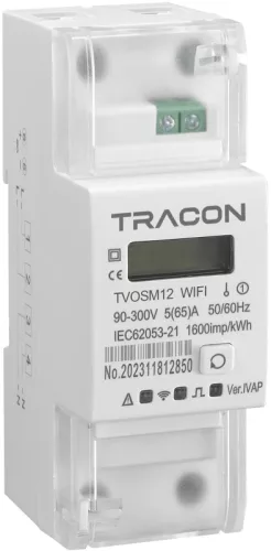 Tracon TVOSM12 egyfázisú okos fogyasztásmérő, 230VAC, 5(65)A, WIFI, 2 modul