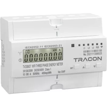 Tracon TVOSM37 háromfázisú okos fogyasztásmérő, 400V, 10(80)A, WIFI, 7 modul