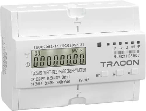 Tracon TVOSM37 háromfázisú okos fogyasztásmérő, 400V, 10(80)A, WIFI, 7 modul
