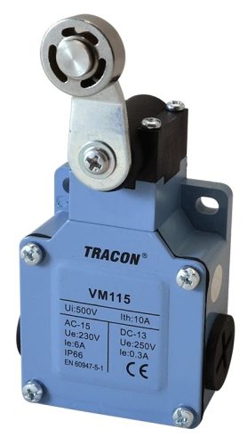 Tracon VM115 Helyzetkapcsoló, lengőkar-görgő fémházas 1×NO+1×NC, 6A/230V AC, IP66