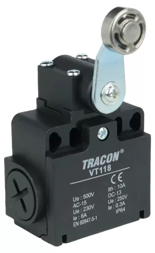 Tracon VT118 Helyzetkapcsoló, lengőkar-görgö 1×NO+1×NC, 6A/230V AC, 28mm, IP65