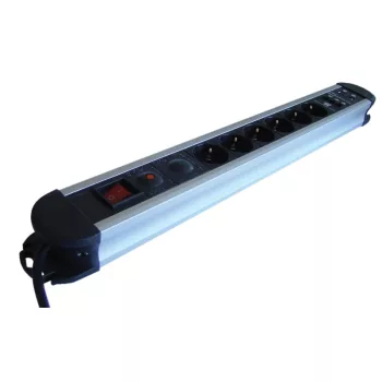   Tracon HKTM6-3M-KT-ALU ALU 6-os elosztó kapcsoló+túlfesz+túláram+koax+tel védelem 6×SCHUKO, 3m, max.16A, 250VAC, 3680W, H05VV-F