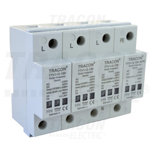 Tracon TTV1+2-100-3P+N/PE AC/DC túlfeszültség levezető, 1+2-es típus, egybeépített 230/400 V, 50Hz, 8 kA (10/350us) 50/100kA (8/20us),3P+N/PE