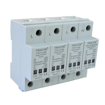   Tracon TTV1+2-80-3P+N/PE AC/DC túlfeszültség levezető, 1+2-es típus, egybeépített 230/400 V, 50 Hz, 8 kA (10/350us) 40/80 kA (8/20us), 3P+N/PE