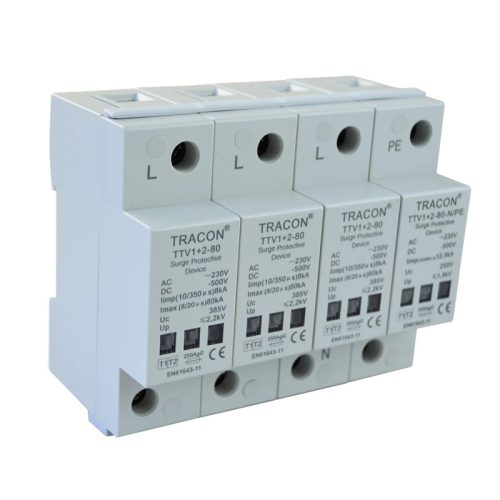 Tracon TTV1+2-80-3P+N/PE AC/DC túlfeszültség levezető, 1+2-es típus, egybeépített 230/400 V, 50 Hz, 8 kA (10/350us) 40/80 kA (8/20us), 3P+N/PE